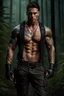 Placeholder: Handsome muscular alpha male, 30 years old, Dark eyes, Long brown hair which flows over his shoulders, bare chest covered in tattoos and scars. wearing black combat trousers and heavy boots, photorealistic, 4k, dark fantasy, forest background