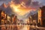 Placeholder: Landscape, sunrise, clouds, mountains, bright, old city, reflections, street lights, people on sidewalk, digital painting in style of bierstadt