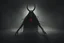 Placeholder: A dark figure in the shape of a triangle with long arms and creepy red eyes that is floating in a dark room with long horns