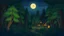 Placeholder: Make a dense forest at night scene in a village make a cartoon