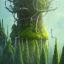 Placeholder: close up on holy scientist in coat ,cell towers overgrown with moss, trees and vegetation, spray paint art, book illustration, 4k, high detail, filmed from drone