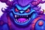 Placeholder: closeup of a smiling monster's face, big teeth, fur, bumps and horns, my pet monster inspiration, urban character design