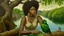 Placeholder: A painting of a 30-year-old Black woman with curly hair and an earring, sitting on a tree trunk. She is holding a green parrot. The background shows a landscape with a lake, rocks, and trees. In the lower left corner, there is a gold frame. A bulldog sits at her feet. The style evokes classical portraiture with a surrealist touch, using chiaroscuro techniques to highlight the figure against the detailed landscape.