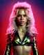 Placeholder: portrait, Shakira, blonde artist, angry, Realistic image, MMA robe, hoodie, mma gloves, loose long hair, eyes, makeup, gold line make up, moisture, sweat, fog, goddess, Neon colors, leds. Black background, photo studio, concept art, smooth, unreal engine 5, god lights, ray tracing, RTX, lumen lighting, ultra detail, volumetric lighting, 3d, finely drawn, high definition, 4k.