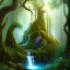 Placeholder: winding magical forest with waterfall and a creature