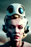 Placeholder: Ultra Realistic retro sci-fi scene, portrait, blonde woman, sweet young Marilyn Monroe face, perfect iris, tight latex coat, Strange planet background, Retro sci-fi style helmet, plants, birds, fog, rain, soft color, highly detailed, unreal engine 5, ray tracing, RTX, lumen lighting, ultra detail, volumetric lighting, 3d, finely drawn, high definition, high resolution.