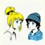 Placeholder: Sketch of a girl with yellow hair in a bun and a boy with big blue eyes and black hair, a woollen hat. Listening to music. In the 70s