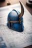 Placeholder: blueprint on a paper of a viking helmet, bokeh like f/0.8, tilt-shift lens 8k, high detail, smooth render, down-light, unreal engine, prize winning