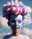 Placeholder: Ultra realistic speed clouds sky scene, wide angle view, sweet childs falling down, inflatable color clothing, free jumping flying, many trinkets, monster hair, hair monster, many jelly beans, balls, smile, happy, circus style, extreme, wind, clouds sea, 20,000 feet altitude, stratosphere, soft color, highly detailed, unreal engine 5, ray tracing, RTX, lumen lighting, ultra detail, volumetric lighting, 3d, finely drawn, high definition, high resolution.