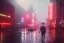 Placeholder: 3D, beautiful, light reflecting, empty city at night, rainy night, neon, cyberpunk, tron, person with helmet walking