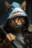 Placeholder: cat with shark mask hat solana fightin in the trenchesin the style of banksy