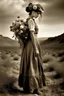 Placeholder: young woman, blouse and skirt, thin black bow under the neck of the blouse, huge bouquet of flowers on her head, full body, in a 16K wasteland, toned in sepia, estilo Bansky, profile view