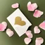 Placeholder: A photo of a white card, 5.5 by 4.25 inches. The card is vertically positioned on a beautiful white surface, positioned between pink rose petals and litte golden hearts.