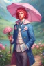 Placeholder: kind sailor, man, red slightly curly hair, long jacket, pink-azure clothes, pink-azure cocked hat, white floral pattern on the jacket, flower in the hair. Pink and blue umbrella, stardew, valley style