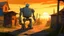 Placeholder: a ghost town city on a dirt road in Boccioni's style. A large homemade golem robot drawn in cubist style is walking on the road towards the viewer. A sunset in the background.