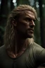 Placeholder: Tall, very muscular man, aged 35 with light shaggy hair which falls around his shoulders, blonde neatly trimmed beard, wearing a teeshirt, photorealistic, 4k, dark fantasy, forest.