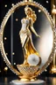 Placeholder: A magnificent golden and silver heart-shaped sign adorned with a stunning golden sphere encrusted with sparkling diamond clusters at its center, elegantly spinning in position,a golden statue of a girl in standing pose