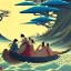 Placeholder: Ukiyo-e styled art, stream, mountain, sun, family on a boat