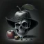 Placeholder: Realistic drawing of a Skull with a Witch hat, Skull has ghost eyes and is eating from a poison apple.