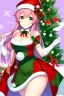 Placeholder: cute anime girl, wearing classic Christmas hat, smiling, green eyes, medium pink hair with purple gradient, Christmas background with trees and lots of snow