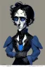 Placeholder: black haired blue-eyed young man necromancer goth gnome that looks like Edgar Alan Poe with gothic jewelry, in the style of Charles Addams