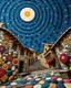 Placeholder: "Midnight Serenade unique" low view angle shot down long, large close up a mob look up granite terrazzo motifs with puzzle tribal clothing is decorated with colorful filigree abstract, Collage chutes papiers magazines, old village. Spirograph background by Nisa Kiley, Textile Artist