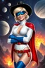 Placeholder: Karen Starr, full body, young athletic white female, crew cut bleach-blonde hair, thin, blue goggles over eyes, black cowboy hat, semi-pointed chin, muscular build, Wearing white long-sleeved bodysuit with high collar with plunging neckline, blue elbow gloves, red belt with gold buckle, red cape, blue knee boots. Big smile. Background: outer space, planets, stars, galaxies, fire, explosions, volcanic lava, craggy peaks. Photorealistic