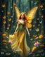 Placeholder: Beautiful Lady Fairy smiling walk in forest with flowers and many colourful butterflies and fireflys, photography art