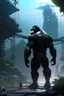 Placeholder: Gorilla walking in cyberpunk dystopia landscape