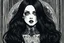 Placeholder: create a disturbing horror full body woodcut of a dark haired, savage, gothpunk vampire girl with highly detailed , sharply defined hair and facial features, in a dark, otherworldly London in the style of Junji Ito, precisely drawn, inked, with dramatic edges,