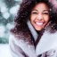 Placeholder: black woman with brown eyes, perfect smile walking in winter wonderland