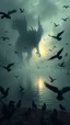 Placeholder: Bosch painting style nightmare , 3D , a monster of the mysterious lake from distant view surrounded by black birds, high Quality picture , 8k