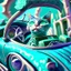 Placeholder: : A crazy cat driving a convertible sports car, inspired by the whimsical paintings of René Magritte, with a muted blue and green palette, where the car is in focus and the surroundings are blurred into abstract shapes, framed with an intricate lace pattern. Modifiers: sharp focus illustration photorealistic dynamic lighting 4K 3D colourful hdr very cute cinematic postprocessing