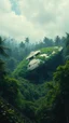 Placeholder: An abandoned UFO spacecraft crashed in the Amazon rainforest , covered with green bushes, Busch painting style nightmare