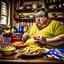 Placeholder: patriotic repulican fat american eating fries in his messy kitchen HD