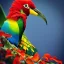 Placeholder: The embodiment of summer is a beautiful exotic birds fly, the face is beautiful, the atmosphere of the scene is uplifting and dynamic, Summer cinematic, the colors are green dark, red, orange and touches of blue