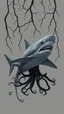 Placeholder: Giant gray shark in a gray background of black vein, human veins, mixing together a lot of them, like a forest, big and small veins a lot of them, a black creature looks like an octopus with many arms