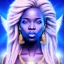 Placeholder: portrait of a beautiful african woman with an angel face smiling,long blond hair, blue eyes, pink and blue dress, jewels, soft light aura