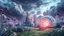 Placeholder: Dynamic cifi country side ,hypnotic of 3D structures Symmetry twisting and morphing between cifi plants , cifi flowers and metal geometric 3d structures buildings , smooth translucent iridescent glass with inner glow and bubbles, varied transparent materials, stormy skies, intense dramatic
