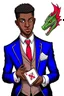 Placeholder: Dashing black man in a suit, holding a deck of cards. There's a young fey dragon with him.