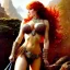 Placeholder: Drawing of beautiful face,'beautiful ,Busty Red Sonja',intense stare, ancient skintight armor, balanciaga fashion clothe painting by gaston bussiere, greg rutkowski, yoji shinkawa, yoshitaka amano, tsutomu nihei, donato giancola, tim hildebrandt, Oil on canvas, cinematic composition, extreme detail,fit full head inside picture,16k