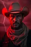 Placeholder: A cowboy portrait with a red light reflecting in their cybernetenhancements.red background all are red cloudy stormy with thunder in the background with be eye black latched