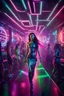 Placeholder: dancing in silent disco a young asian woman with long extrem hair, stunning futuristic dress and make up, wearing headphones and looking you attraktive, The atmosphere is enhanced in disco bar with neon lights, cyberpunk vibe, futuristic, light lines, photorealistic, in background blure light and blur dancing people