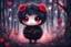 Placeholder: Cute chibi black fluffy pompom with cute big eyes, watercolor and black ink outlines, soft, shading strokes, holding red rose, evening forest, bushes, leafless branches with red heart shaped ornaments strung on them, in moonlight, ethereal, otherwordly, cinematic postprocessing, bokeh, dof