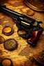 Placeholder: Ultra hyper photo realistic wild west pistol on old map with magnifying class and gold coins, highly detailed