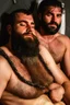 Placeholder: close up photography of two men ugly liying down sleeping in the night inside a camping tent, bearded ugly burly 30-year-old rough beefy bullneck arab tourist guides wearing traditional clothes, bulge, manly chest, photorealistic, midnight, lit by bonfire, ambient occlusion, top view, in the desert