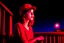 Placeholder: woman with a red baseball hat. leaning on a wooden balcony. night time. studio lightining. fantasy. surrealistic, anime