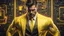 Placeholder: Hyper Realistic handsome muscular Electric-Superhero wearing fancy yellow tuxedo in a dark-rustic-circuit-room with electric-sparks & a massive circuit-board-wall