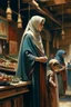 Placeholder: oriental arabic woman with child standing in market looking at a table painting neoclassism from the side vieuw