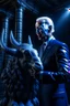 Placeholder: biden holding a goat in the style of giger, spraypaint, photorealism, trending on artstation, 8k, depth of field, downlight, lightrays, volumetric, white hall podium, brown and blue